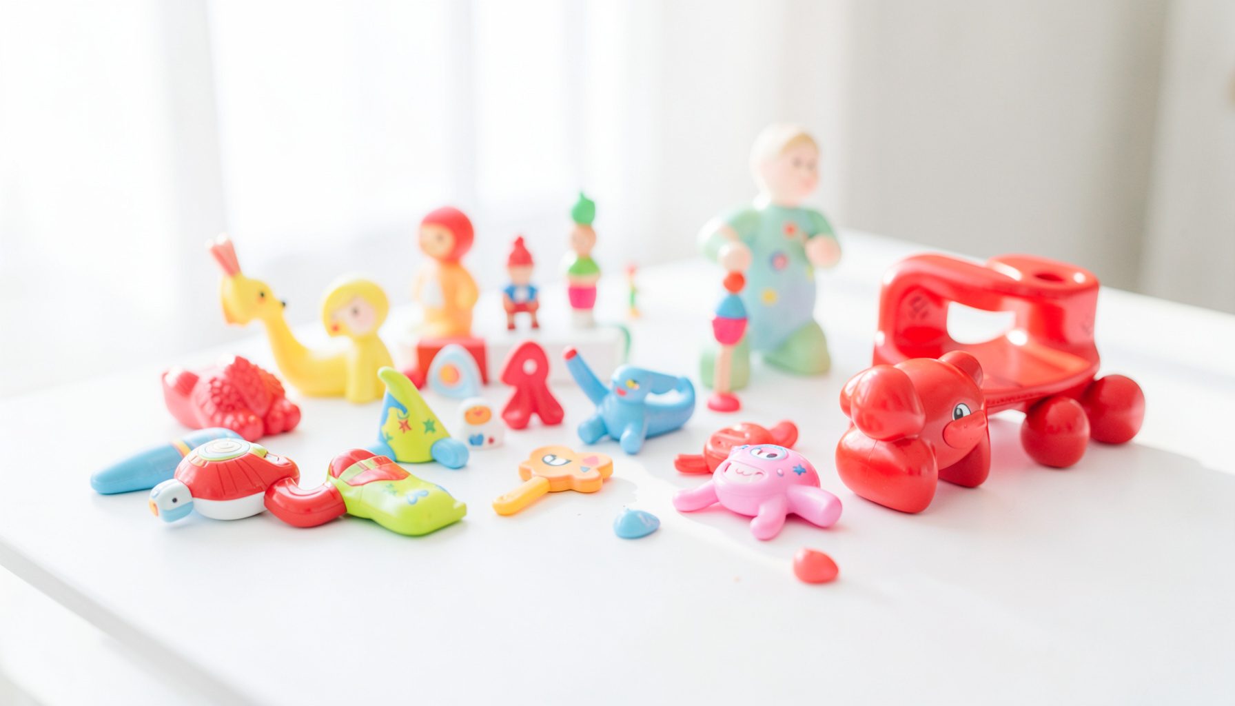Bright airy photograph of colorful designer vinyl toys and resin art figures arranged on a white surface, with soft natural daylight and a clean, high-key mood.