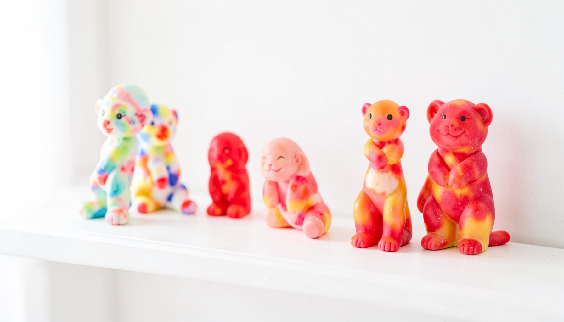 Bright photograph of resin art toys in vibrant hues displayed on a minimalist white shelf, soft window light and a high-key, airy mood.
