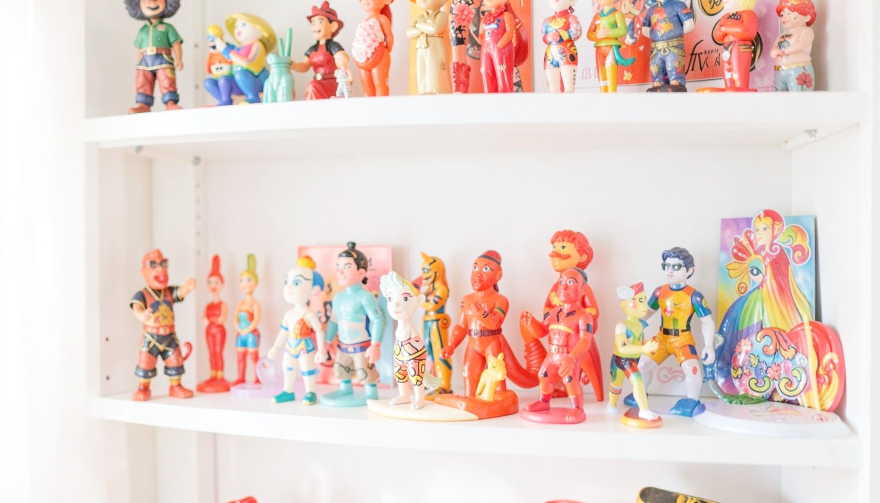 Bright, airy photograph of a curated shelf displaying colorful designer vinyl toys and resin art figures in soft natural light, against a clean white wall.